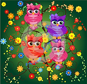 Funny owls on branch in flowers. Spring concept background. Bright illustration, can be used as invitation card. summer wallpaper