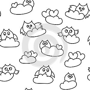 Funny owls in the clouds. Seamless hand-drawn pattern, vector illustration