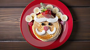 Funny pancake for kids breakfast with funny Santa Claus face, banana and strawberry, top view Generative AI