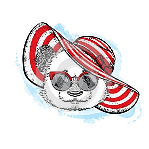 Funny panda in a beautiful beach hat. Vector illustration for a postcard or poster, print for clothes, cup or cover. Bear painted