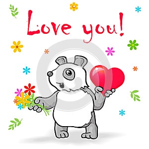 Funny panda with heart say Love You!