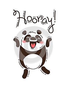 Funny panda yells Hooray. Vector illustration in cartoon style