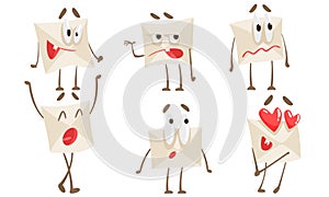Funny Paper Envelope Cartoon Character Set, Humanized Mail Letter with Arms and Legs and Various Emotions Vector