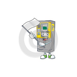 Funny parking ticket machine cartoon character design with a flag