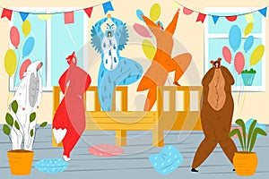 Funny party with animal kigurumi, vector illustration. Young man woman character have fun in pajama costume, night