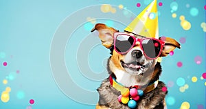 Funny party dog wearing colorful birthday hat and sunglasses on light blue bokeh background with copy space. Banner.