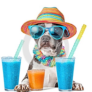Funny party dog wearing colorful summer hat and stylish sunglasses stands near table with cocktail glasses with delicious ice