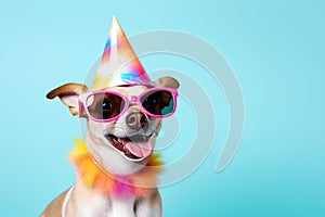 Funny party dog wearing colorful summer hat and stylish sunglasses. white background. AI Generated