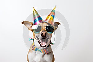 Funny party dog wearing colorful summer hat and stylish sunglasses. white background. AI Generated