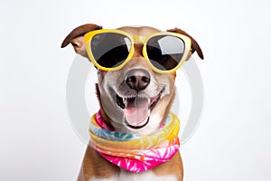 Funny party dog wearing colorful summer hat and stylish sunglasses. white background. AI Generated