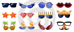 Funny party glasses. Carnival, masquerade sunglasses, photo booth party decorative glasses vector illustration icons set
