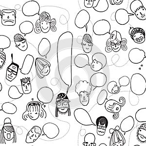 Funny pattern with cute faces and speech bubbles