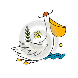 Funny pelican character with hat isolated on white for your design