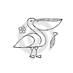 Funny pelican character isolated on white for your design. Colouring page