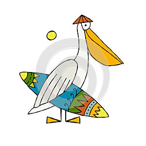 Funny pelican character with surf board isolated on white for your design