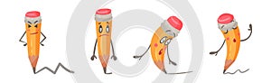 Funny Pencil Character with Face and Arms Drawing Line with Graphite End Vector Set