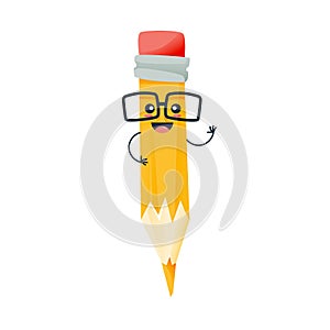 Funny pencil in glasses, smiles and raises his hand up.