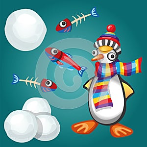 Funny Penguin with Fishes and Snowballs