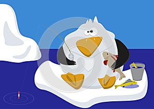 Funny penguin fishing on ice