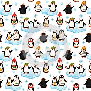 Funny Penguins seamless pattern, North Pole animals digital paper, xmas background, winter party pattern, cute penguins ornament