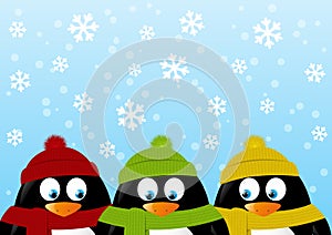 Funny penguins on winter background