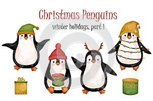 Funny Penguins in winter hats clipart, Merry Christmas Penguins set, kids decor, baby decoration, New Year party on North Pole
