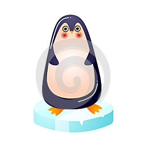 Funny penquin with red cheeks standing on ice vector illustration