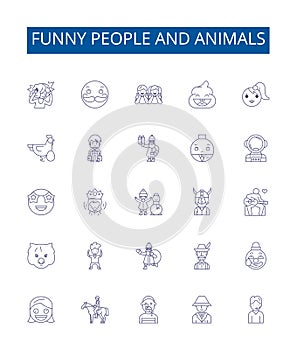 Funny people and animals line icons signs set. Design collection of Humorous, Comical, Amusing, Clowning, Witty, Waggish