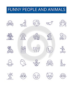 Funny people and animals line icons signs set. Design collection of Humorous, Comical, Amusing, Clowning, Witty, Waggish