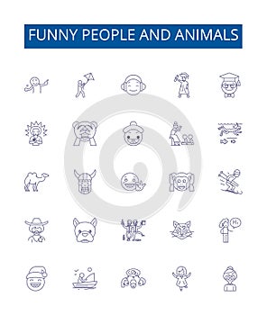 Funny people and animals line icons signs set. Design collection of Humorous, Comical, Amusing, Clowning, Witty, Waggish