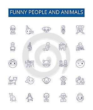 Funny people and animals line icons signs set. Design collection of Humorous, Comical, Amusing, Clowning, Witty, Waggish