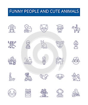 Funny people and cute animals line icons signs set. Design collection of Humorous, Furry, Adorable, Amusing, Grinning