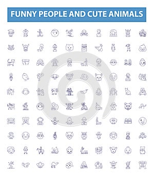 Funny people and cute animals line icons, signs set. Humorous, Furry, Adorable, Amusing, Grinning, Playful, Charming