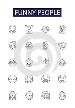 Funny people line vector icons and signs. Amusing, Witty, Jocular, Comical, Ridiculous, Comedic, Jesting, Zany outline