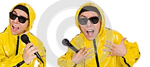 The funny performer with mic isolated on the white