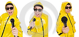 The funny performer with mic isolated on the white