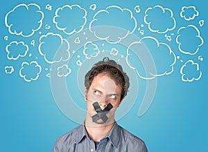 Funny person with taped mouth