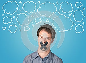 Funny person with taped mouth