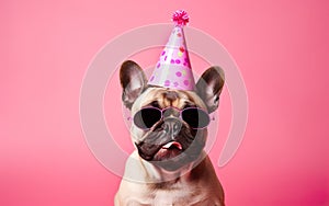 Funny Pet Celebrating, French Bulldog in Party Hat Sunglasses over pink background