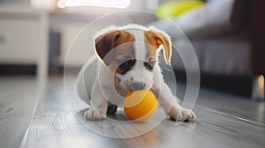 Funny pet puppy playing with toy ball at home,running on the floor during the day