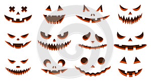 Funny physiognomies. A collection of Halloween pumpkins with carved silhouettes of faces isolated on white. A template
