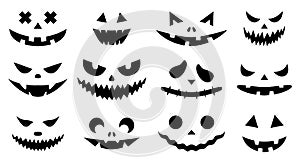 Funny physiognomies. A set of Halloween pumpkins with carved silhouettes of faces isolated on white. A template with