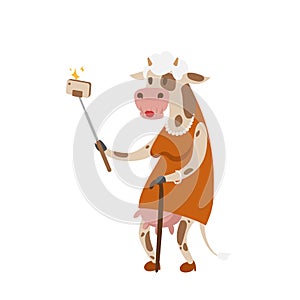 Funny picture cow photographer mamal person take selfie stick in his hand and cute animal taking a selfie together with