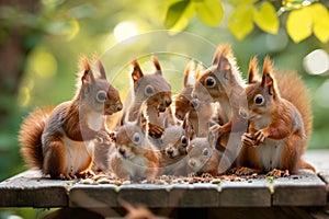 red squirrel Sciurus vulgaris grouppicture outside