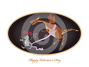 Funny picture with knight and dragon. Valentine Day greeting card.