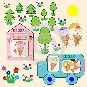Funny picture from the life of ice cream. Vector illustration.