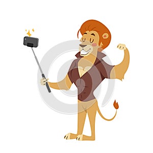 Funny picture lion photographer mamal person take selfie stick in his hand and cute animal taking a selfie together photo