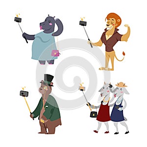 Funny picture photographer mamal person take selfie stick in his hand and cute animal taking a selfie together