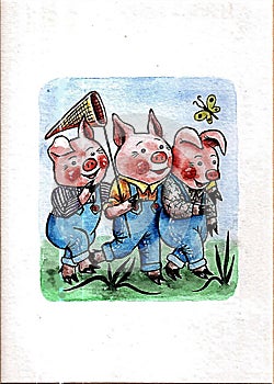 Funny picture. Watercolor on paper. Light blue background. Three pigs.