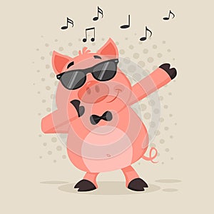 Funny Pig Cartoon Character With Sunglasses Dab Dabbing. Vector Illustration